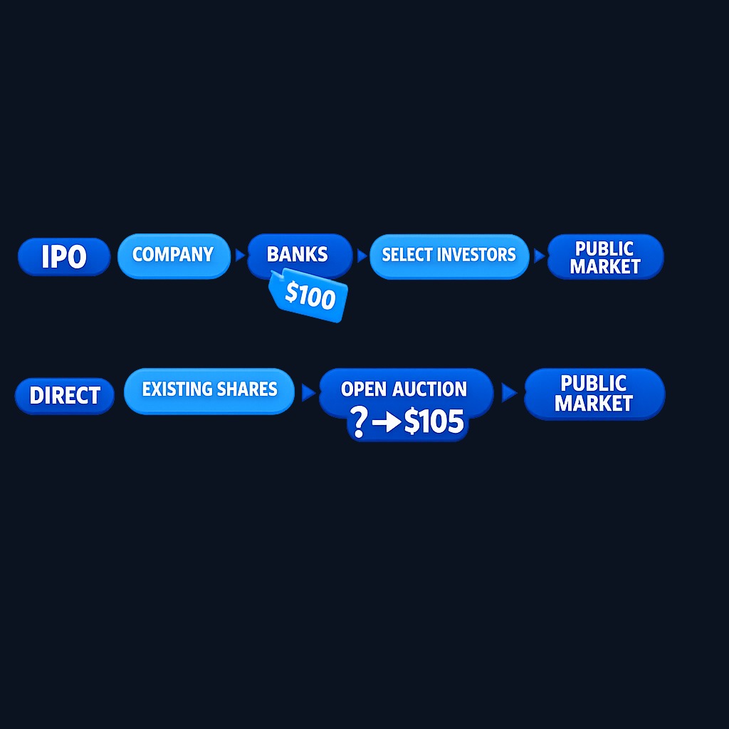 IPO vs Direct Listing: The fundamental difference in how shares reach the public market. In an IPO, new shares are sold at a set price before