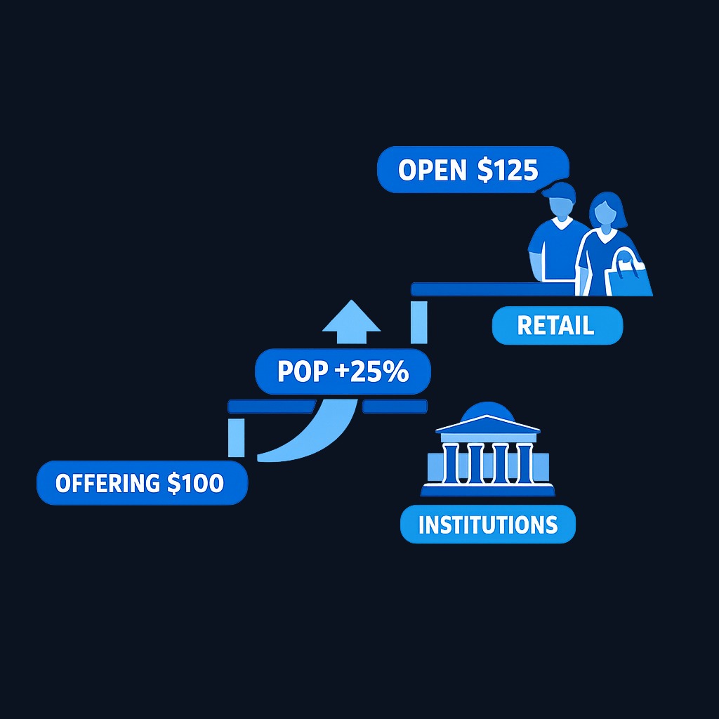 The IPO 'pop': Underwriters set the offering price at $100 for institutional investors. When public trading opens, high demand pushes the