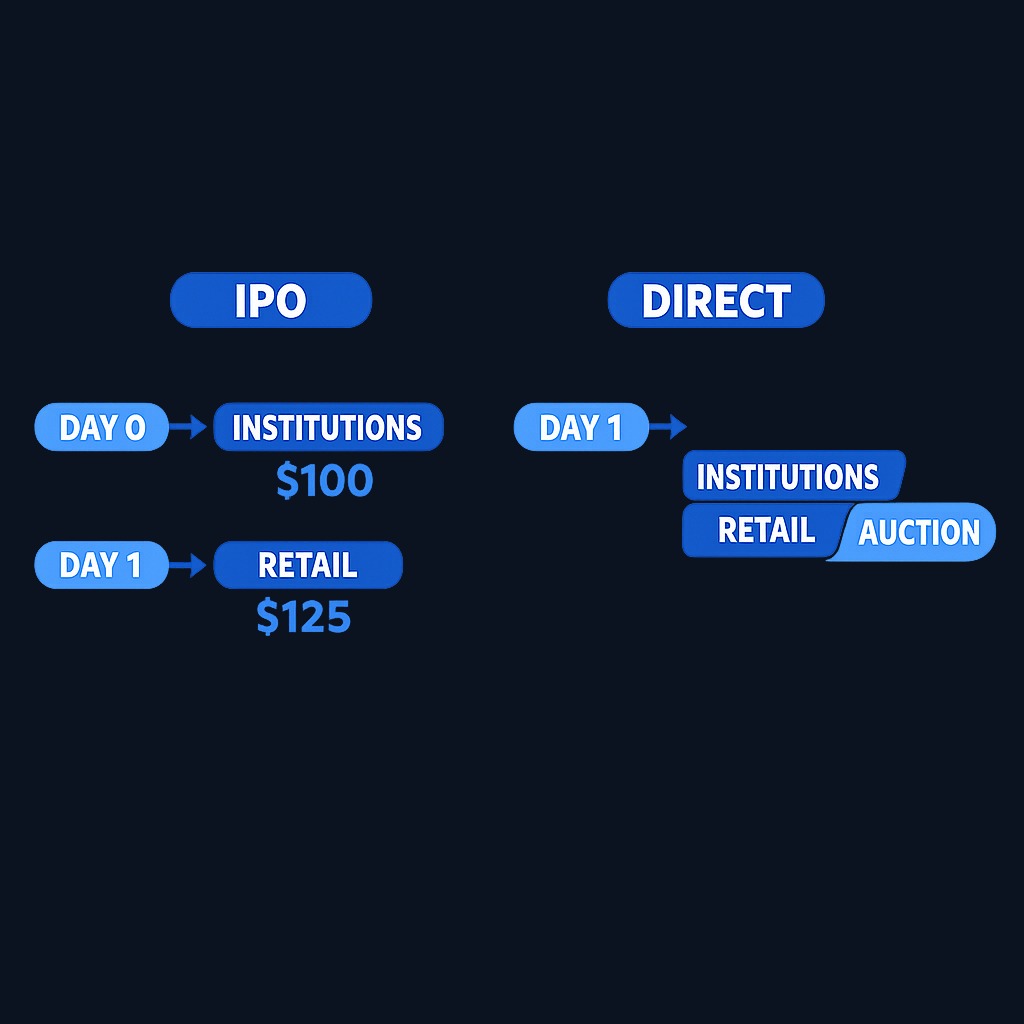 Access timing: In an IPO, institutional investors buy at the offering price before trading starts, while retail enters after. In a direct listing, all