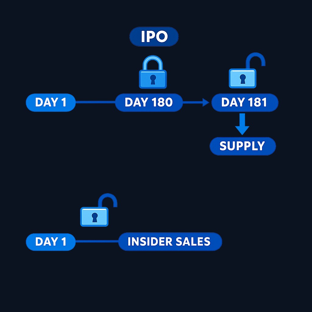 Lock-up calendar example: In a typical IPO, insiders cannot sell for 180 days. On day 181, a large supply of shares may hit the market, often