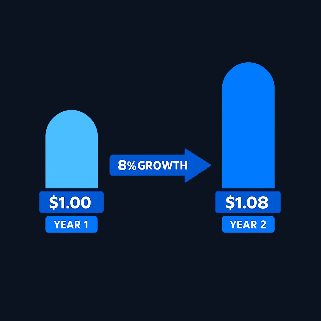 A simple example: if a company's annual dividend rises from $1.00 per share to $1.08 per share, the dividend growth rate is 8%.