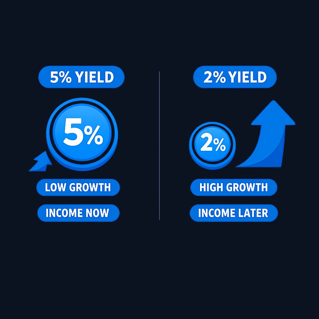 Trade-off between current yield and growth: high-yield stocks deliver income today but slower growth, while lower-yield stocks compound faster over time. Your timeline determines the right balance.