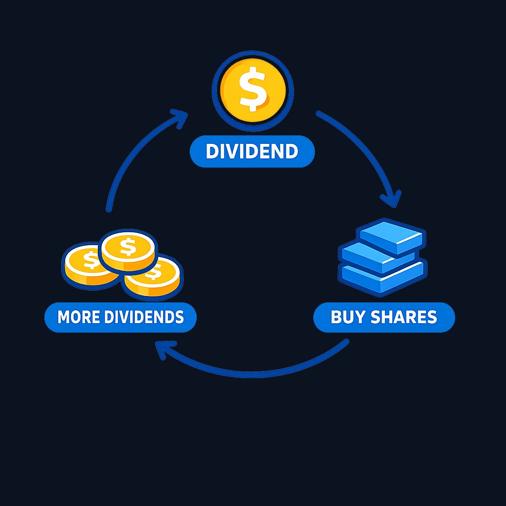 The reinvestment compounding loop: dividends buy more shares, which pay their own growing dividends, which buy even more shares— accelerating income over time.