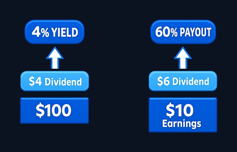 Dividend yield shows annual dividend as a percentage of stock price. Payout ratio shows what portion of earnings the company