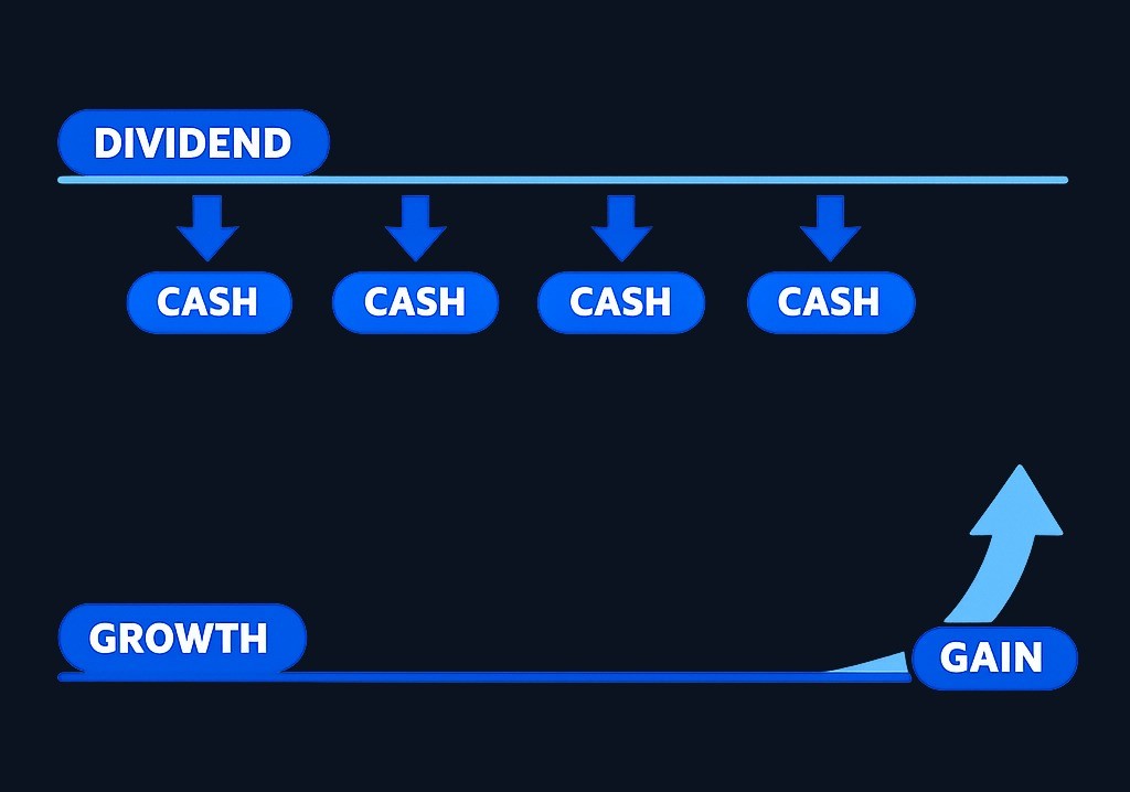 Dividend stocks provide periodic cash while you hold. Growth stocks typically deliver value through price appreciation when you sell. This
