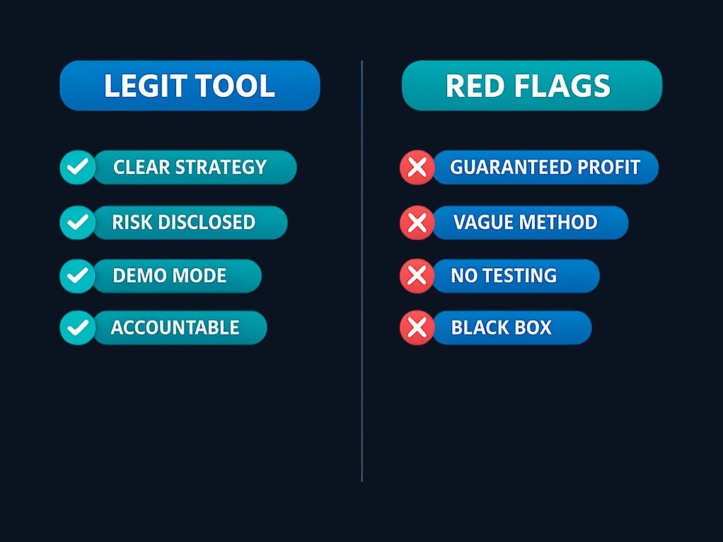 Legitimate tools explain their strategy and risks clearly. Red flags include guaranteed returns, vague methods, and no way to test safely.