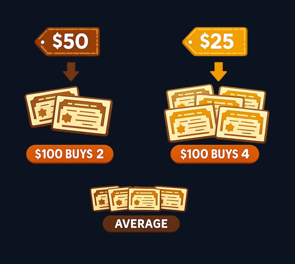 When you invest the same dollar amount regularly, you buy more shares when prices are low and fewer when prices are high. Your