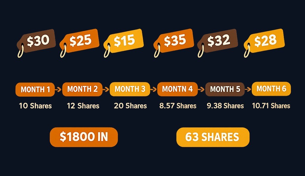 A six-month example: investing $300 monthly at different prices. Total invested: $1,800. Total shares: ~63.07. Average cost per share: