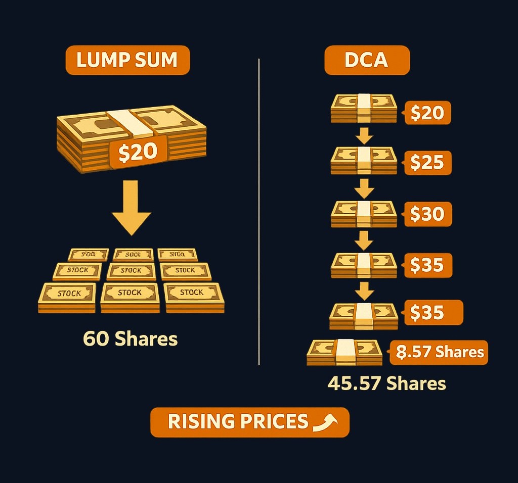 Opportunity cost scenario: If you have $1,200 available and prices rise steadily, investing the full amount early (lump sum) may result in more shares than spreading it over several months (DCA). The outcome depends on the price path.