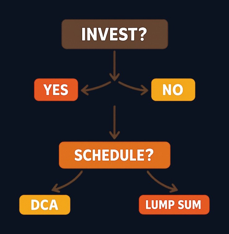 Decision framework: First ask whether the money should be invested at all (considering emergency funds, debt, and time horizon). Then