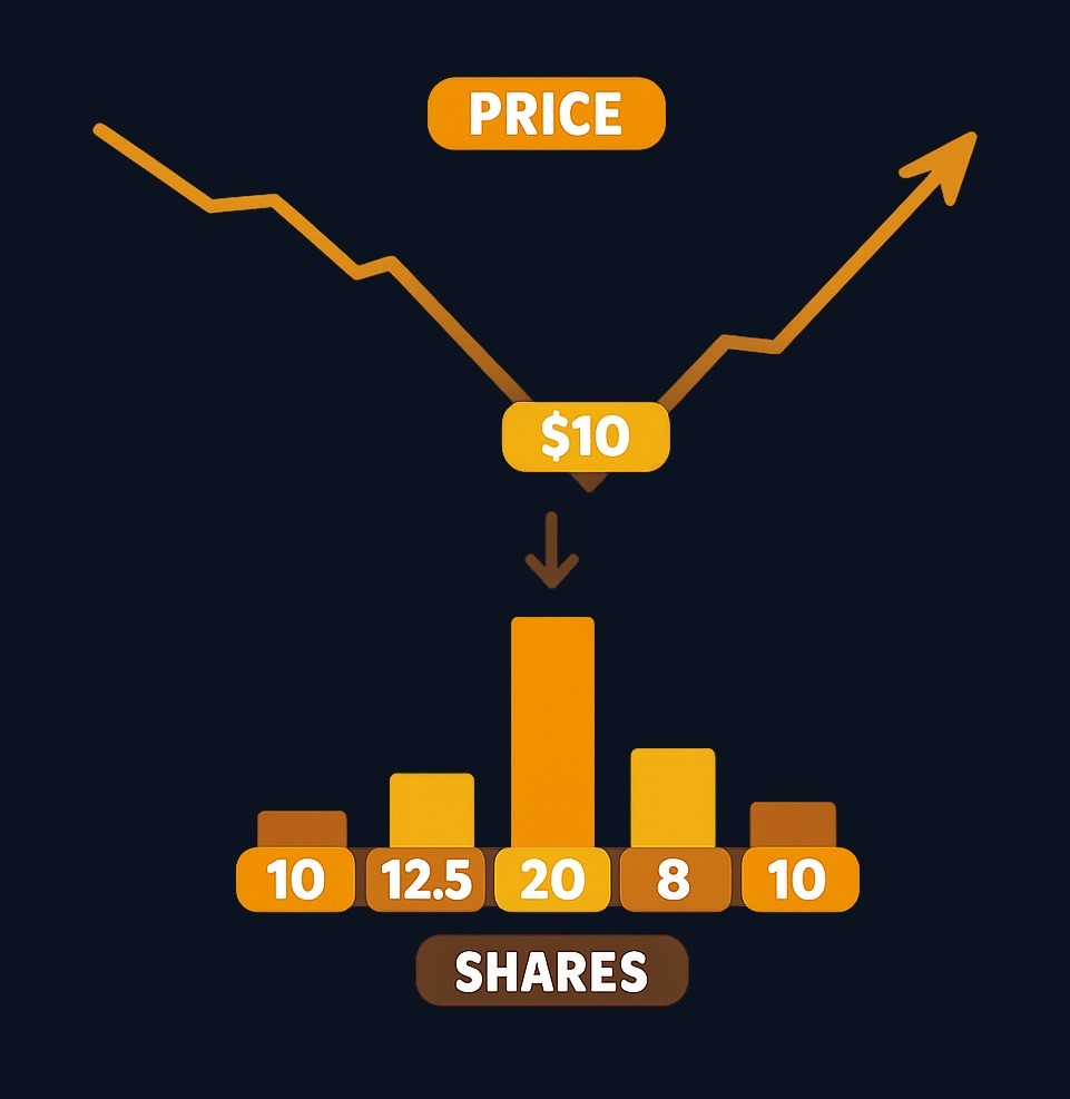 Volatility example: $200 monthly investment over five months as price moves from $20 → $16 → $10 → $25 → $20. The investor buys the most shares (20) during month three when the price hits $10. Final outcome depends on ending price and investment quality.