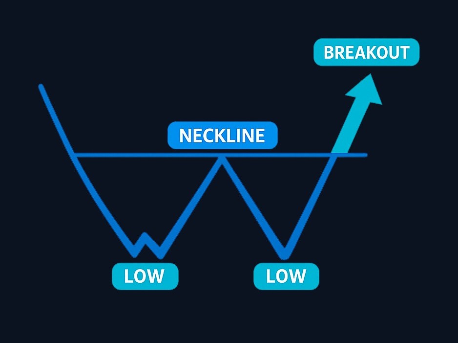 A double bottom pattern has three essential parts: two lows at similar levels that test support, a neckline (the intermediate high between them), and a breakout when price closes above that neckline. The shape resembles a \