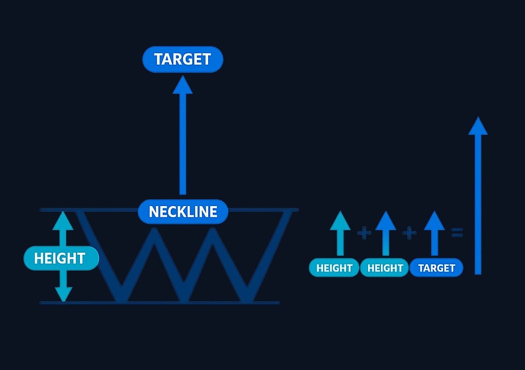 The measured move method projects a target by taking the pattern height (distance from the lower low to the neckline) and adding it above the breakout point. If the pattern is 8 points tall, the target sits 8 points above the neckline. This is a hypothesis, not a guarantee.