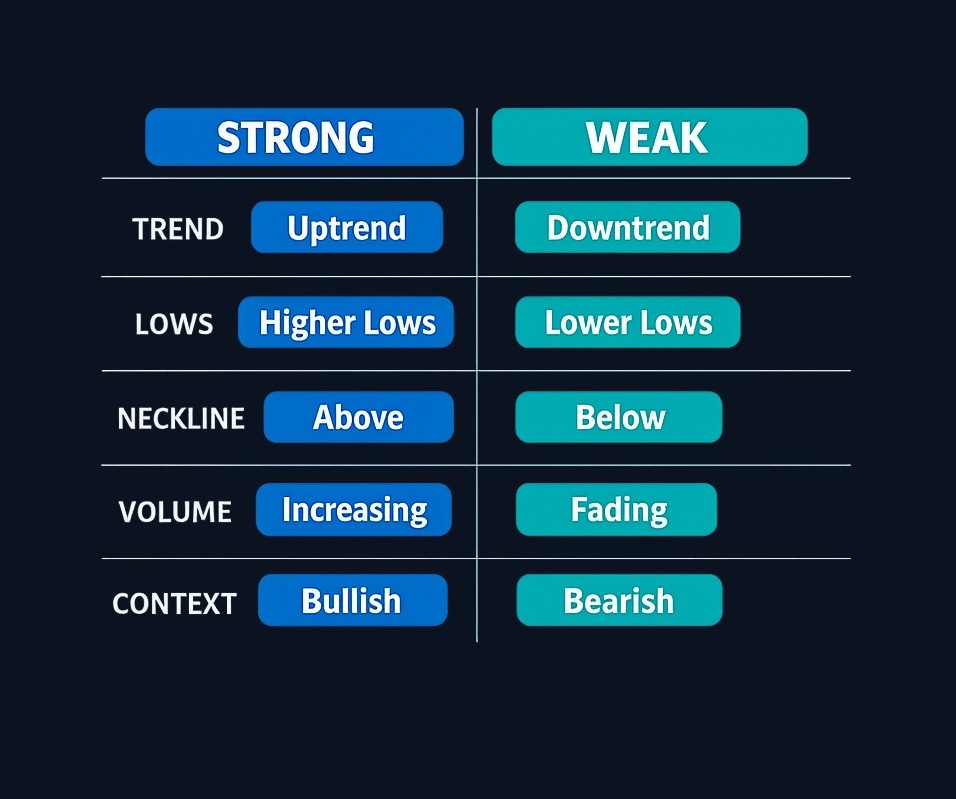Grade each double bottom setup across five dimensions before trading: prior trend strength, low similarity, neckline clarity, breakout volume, and broader market context. If two or more factors land on the weaker side, the setup is not ready.