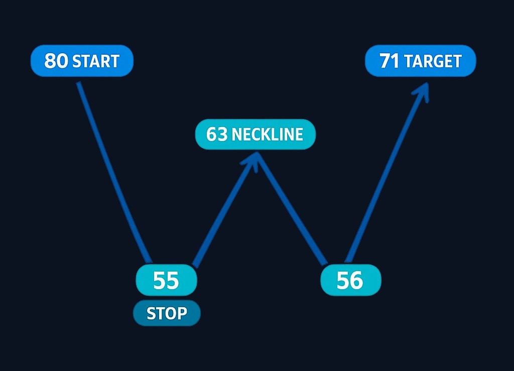 In this example, price falls from 80 to 55, bounces to 63, then tests support again near 56. The neckline sits at 63. Pattern height is 8 points (63 minus 55), projecting a measured target near 71. A stop-loss would sit below the second low, under the 55–56 zone. These are