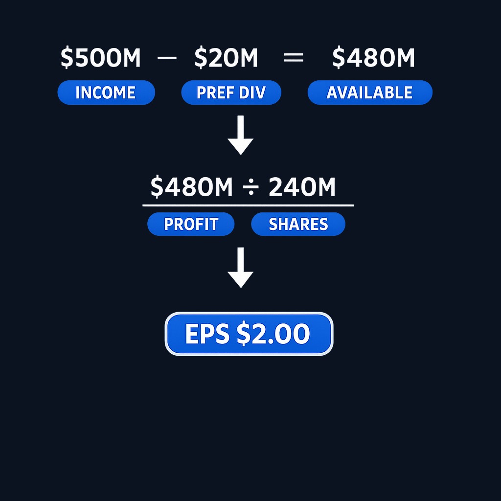 In this example, $500 million net income minus $20 million preferred dividends leaves $480 million available to common shareholders. Divided