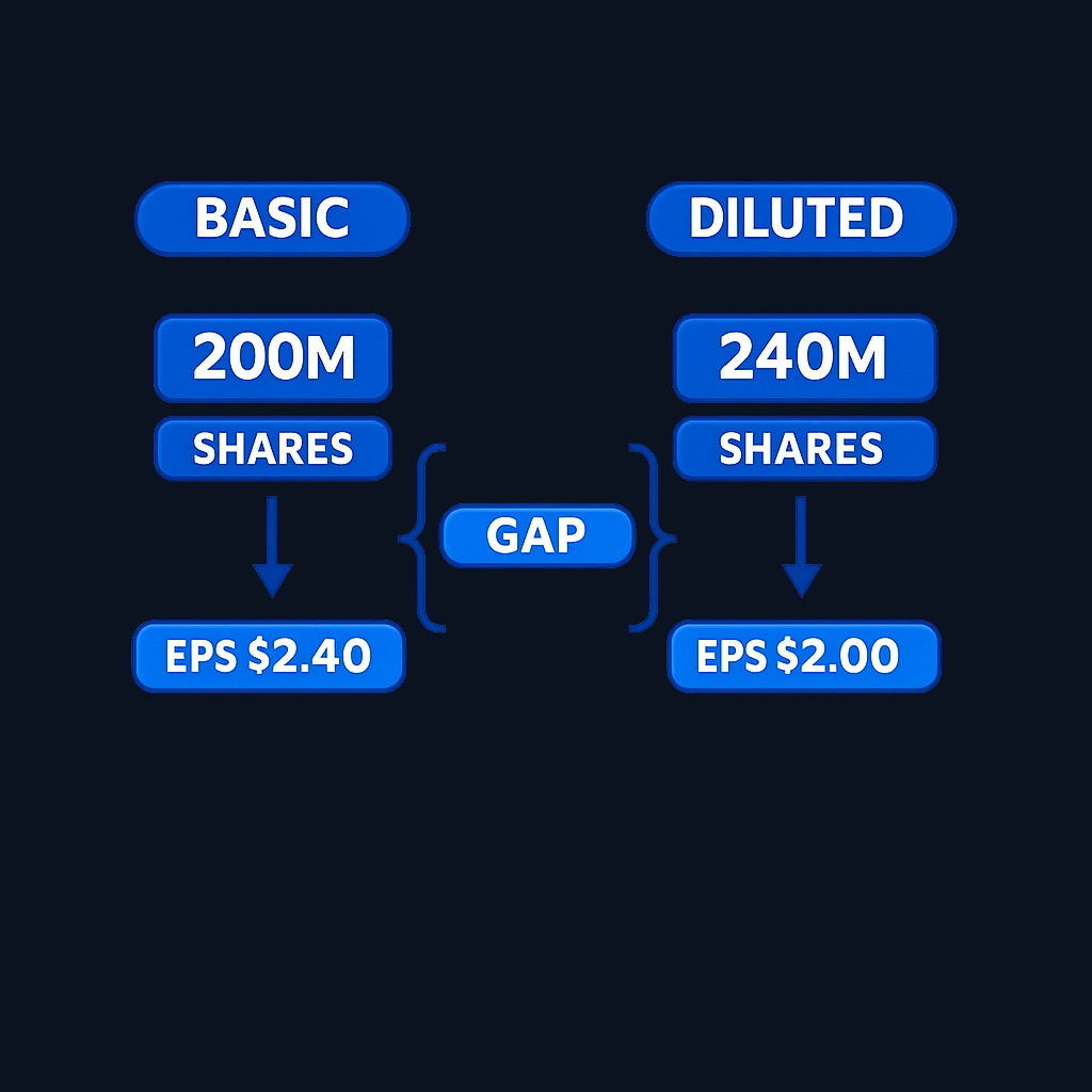 Basic EPS uses only current common shares, while diluted EPS assumes all stock options, warrants, and convertibles become shares— increasing the denominator and lowering the per-share figure. The gap between them reveals potential future dilution shareholders face.