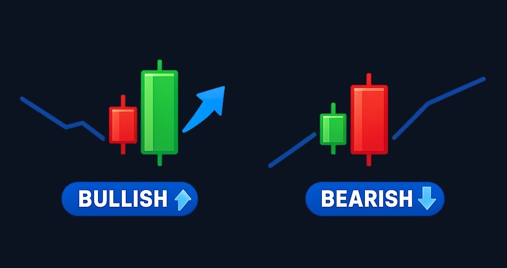 Bullish engulfing (left): a large up candle swallows the previous down candle after a decline. Bearish engulfing (right): a large down