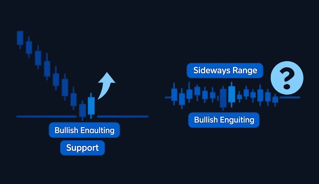 A bullish engulfing at support (left) carries more weight because the level provides a reason for reversal. The same pattern mid-range