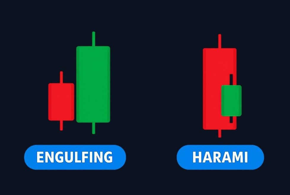 Engulfing vs Harami: In an engulfing pattern (left), the second candle is larger and swallows the first body—suggesting a decisive shift. In