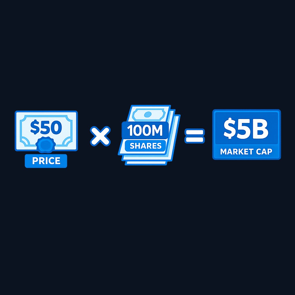 Market capitalization represents the total value of all outstanding shares at current market price. A company with 100 million shares at $50 per