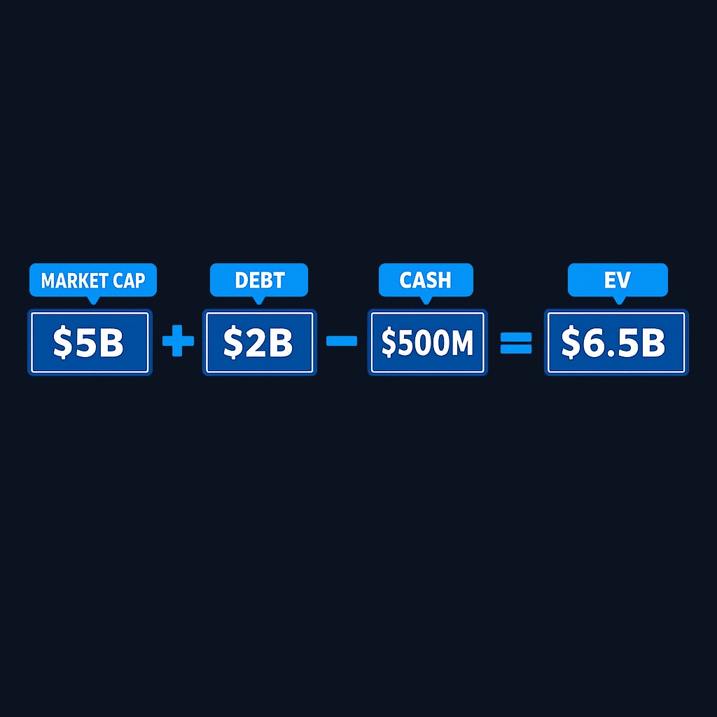 Enterprise value calculation using the example: starting with $5B market cap, add $2B debt, subtract $500M cash to arrive at $6.5B enterprise value. This represents the true cost to acquire the entire business.