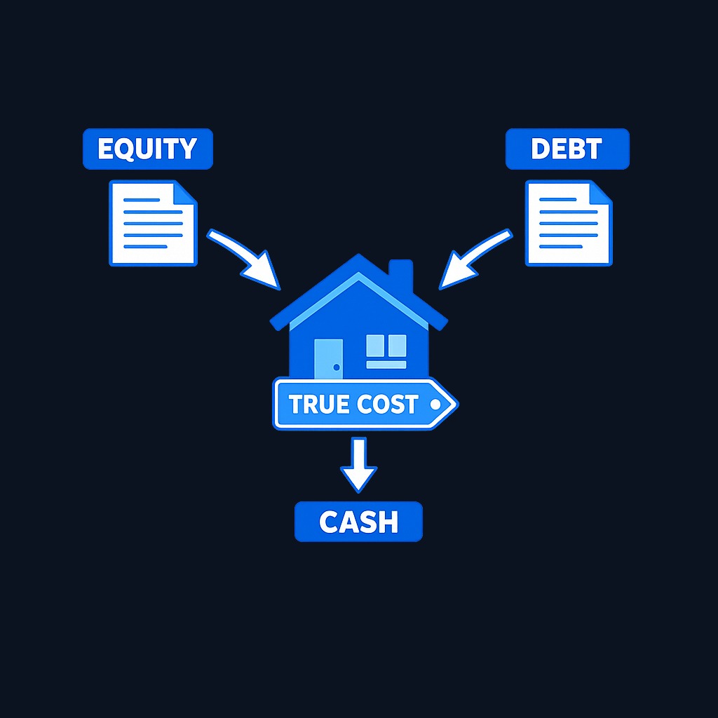 Enterprise value mirrors the total cost of buying a house: the down payment (equity), plus the mortgage you assume (debt), minus cash on hand (money returned at closing). This shows why EV represents the true takeover price.
