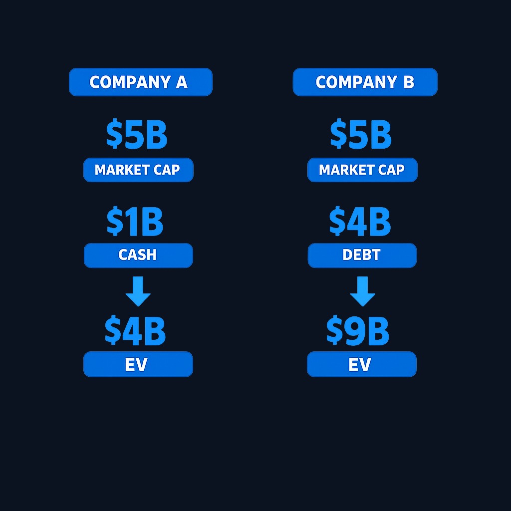 Two companies can have the same $5B market cap but wildly different enterprise values. Company A with $1B cash and no debt has an EV