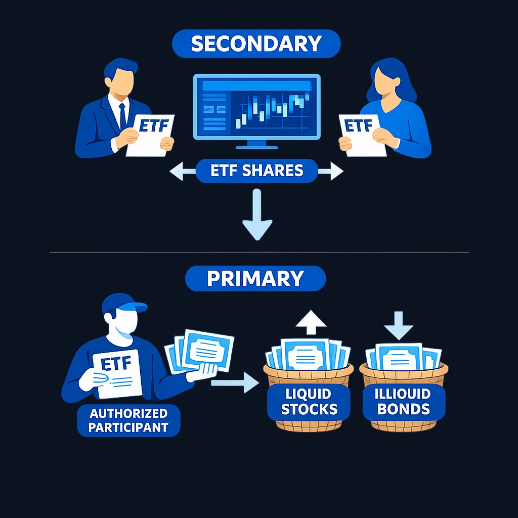 The two-layer liquidity model: investor trades happen on the exchange (secondary market), while authorized participants create or redeem shares using the underlying basket (primary market). The liquidity of the basket determines the true ceiling.