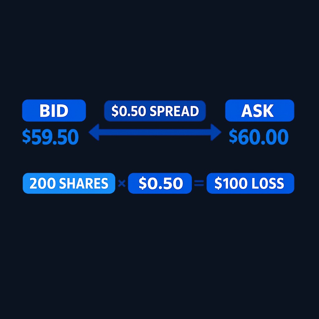 Spread cost example: an ETF quoted at $59.50 bid and $60.00 ask has a 50-cent spread. Buy 200 shares at $60 and immediately sell at