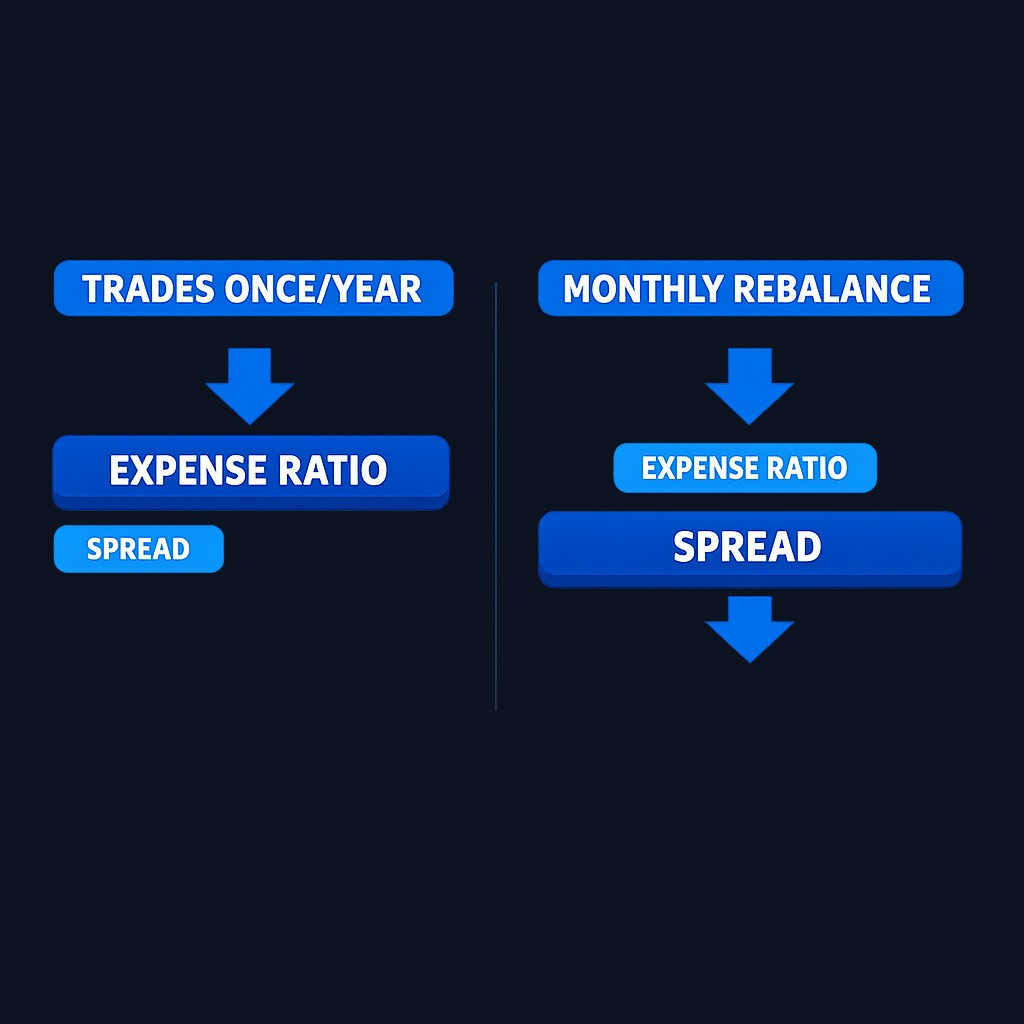 Weighting liquidity factors by trading frequency: a buy-and-hold investor prioritizes low expense ratios, while a frequent rebalancer prioritizes tight spreads to minimize per-trade costs.
