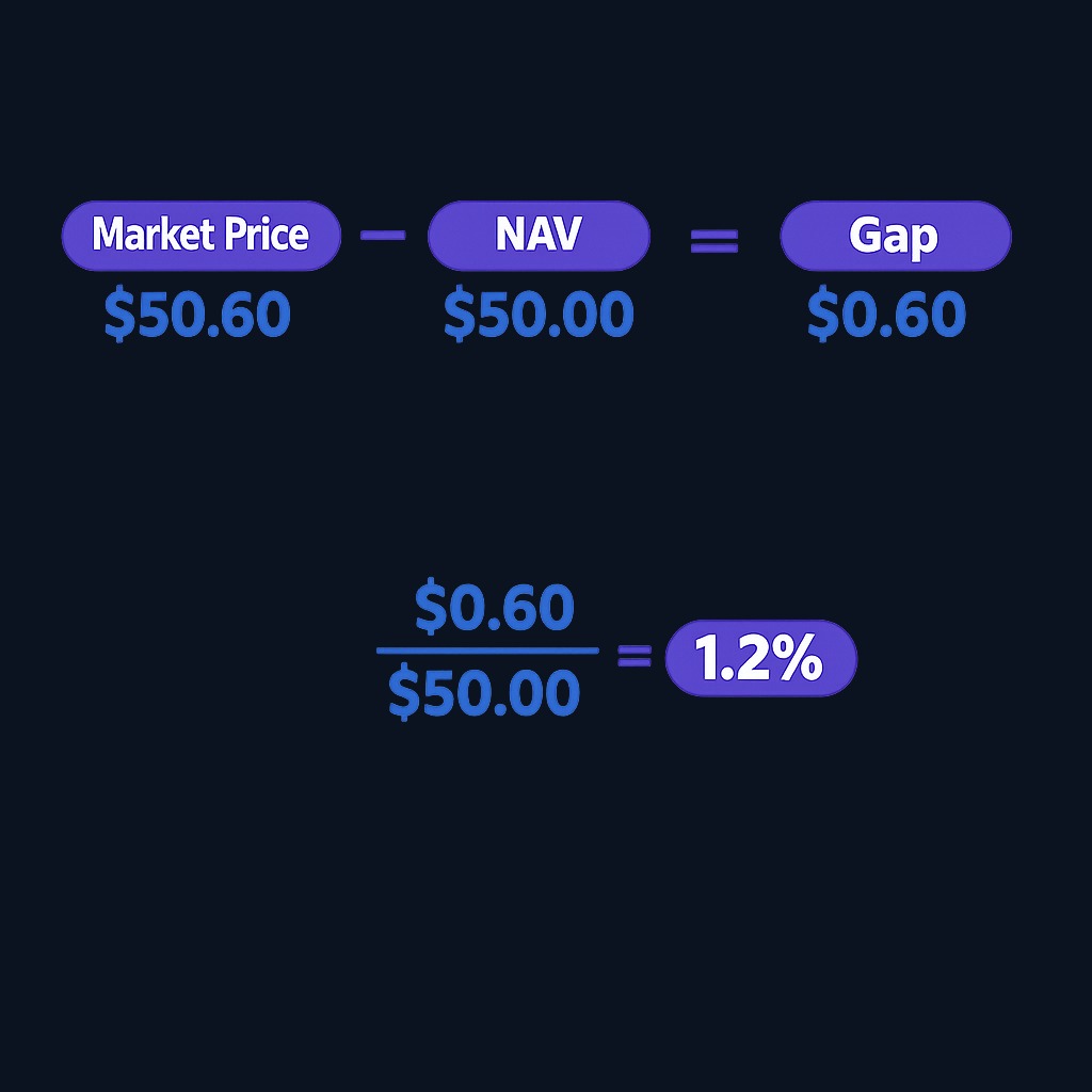 Premium or discount is calculated as (Market Price − NAV) ÷ NAV, expressed as a percentage. Positive means premium, negative means