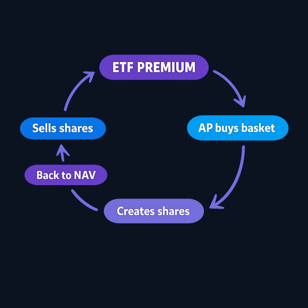 Authorized participants profit by buying undervalued assets and creating ETF shares (or redeeming overvalued shares), which pushes the market price back toward NAV. This arbitrage loop keeps gaps narrow in liquid markets.