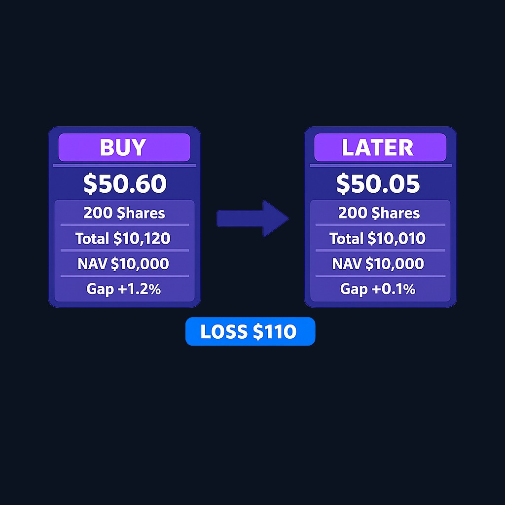 Buying 200 shares at a 1.2% premium costs you $10,120 for $10,000 of NAV. If the premium narrows to 0.1% while the underlying assets stay
