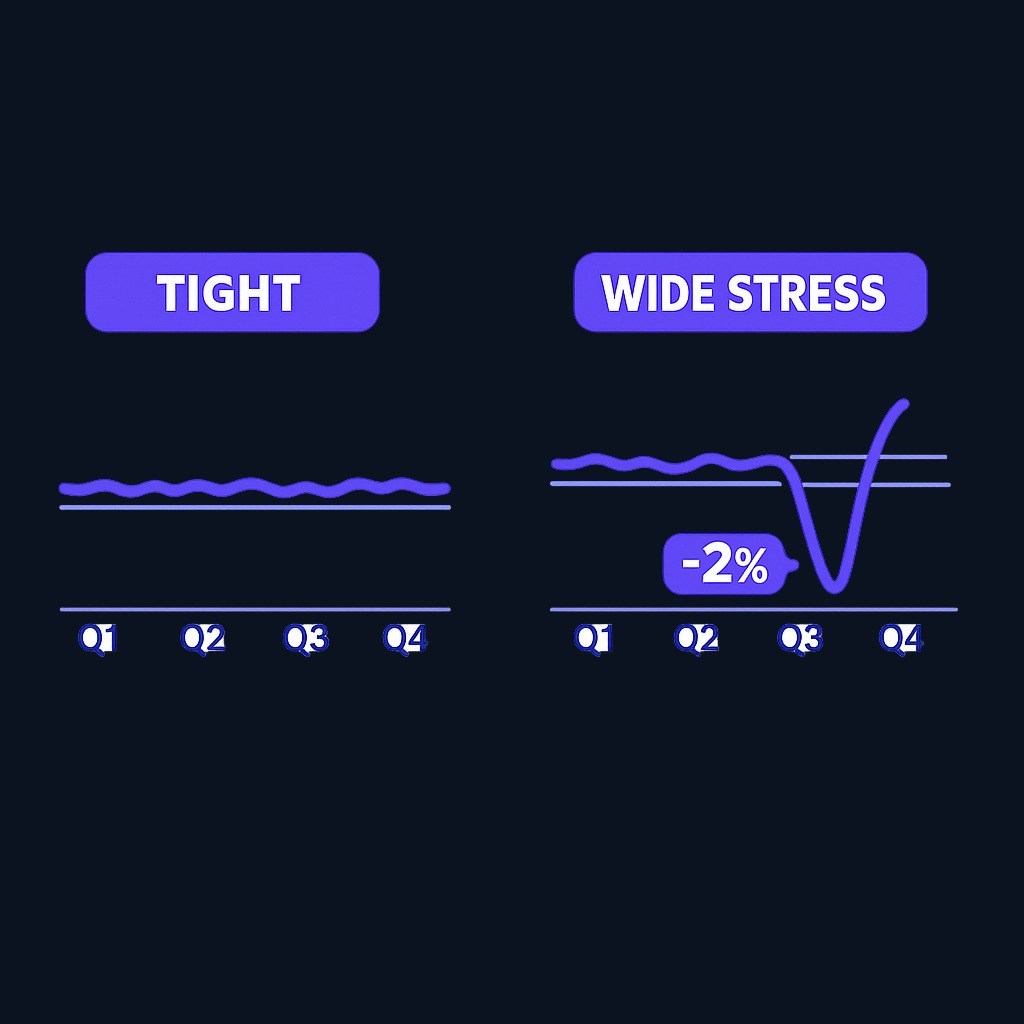 A fund with consistent narrow gaps (left) has strong arbitrage support. A fund with wide stress gaps (right) warns you what to expect in