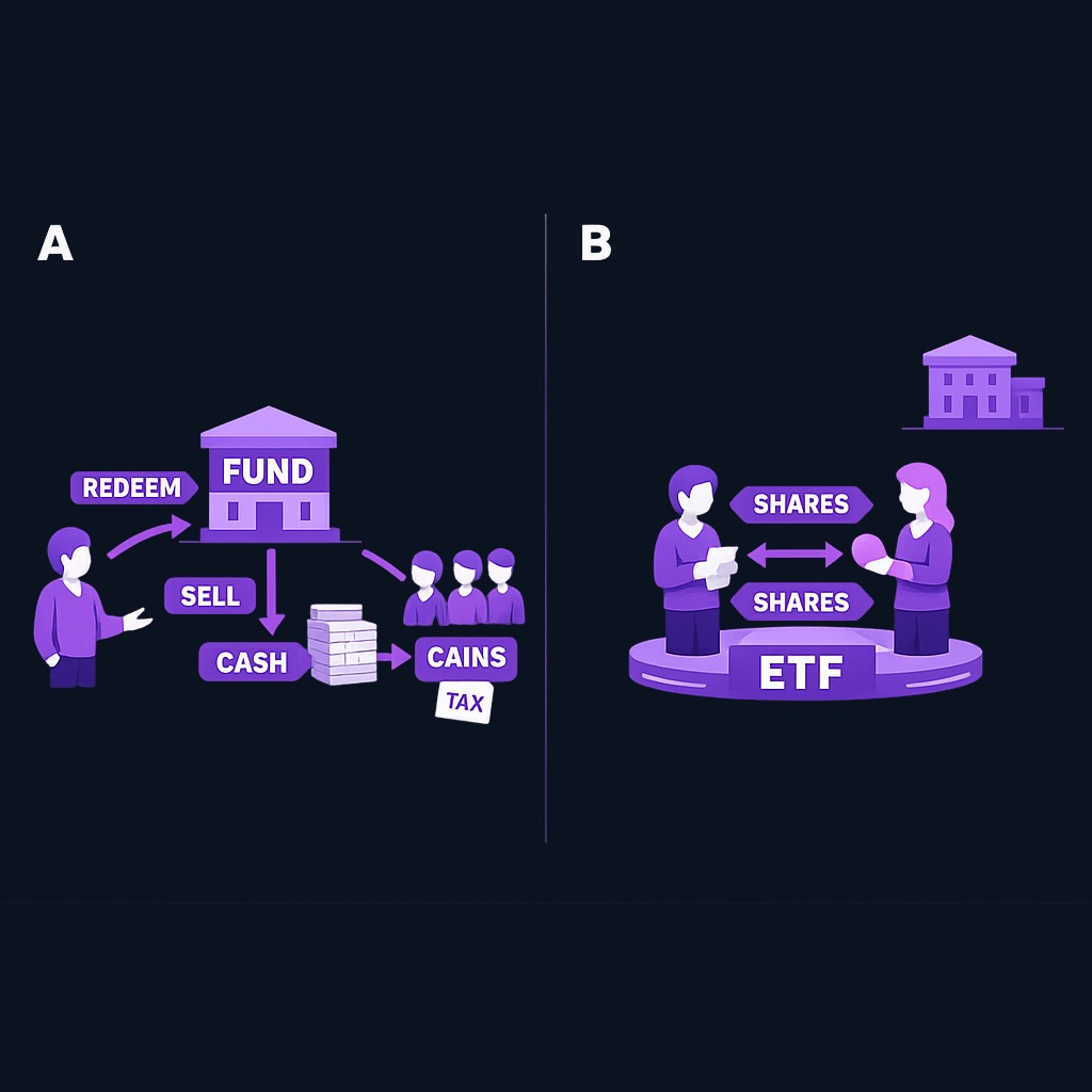 Mutual fund investors redeem directly with the fund, forcing portfolio sales that create taxable gains for all shareholders. ETF investors trade