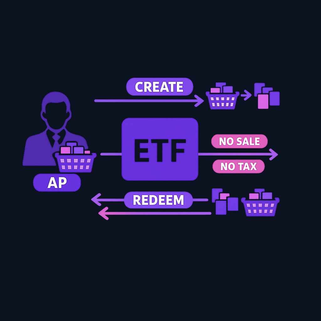 Authorized participants exchange baskets of actual securities for ETF shares (creation) or return ETF shares for securities (redemption).