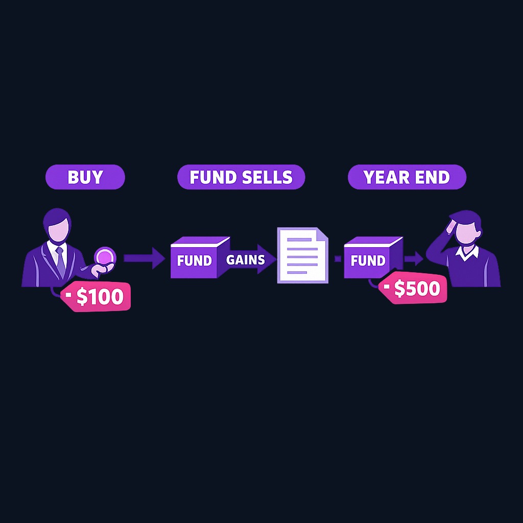 An investor buys into a mutual fund, the fund realizes gains from portfolio changes or redemptions, and the investor receives a taxable capital gains distribution—even if their own shares have lost value since purchase.