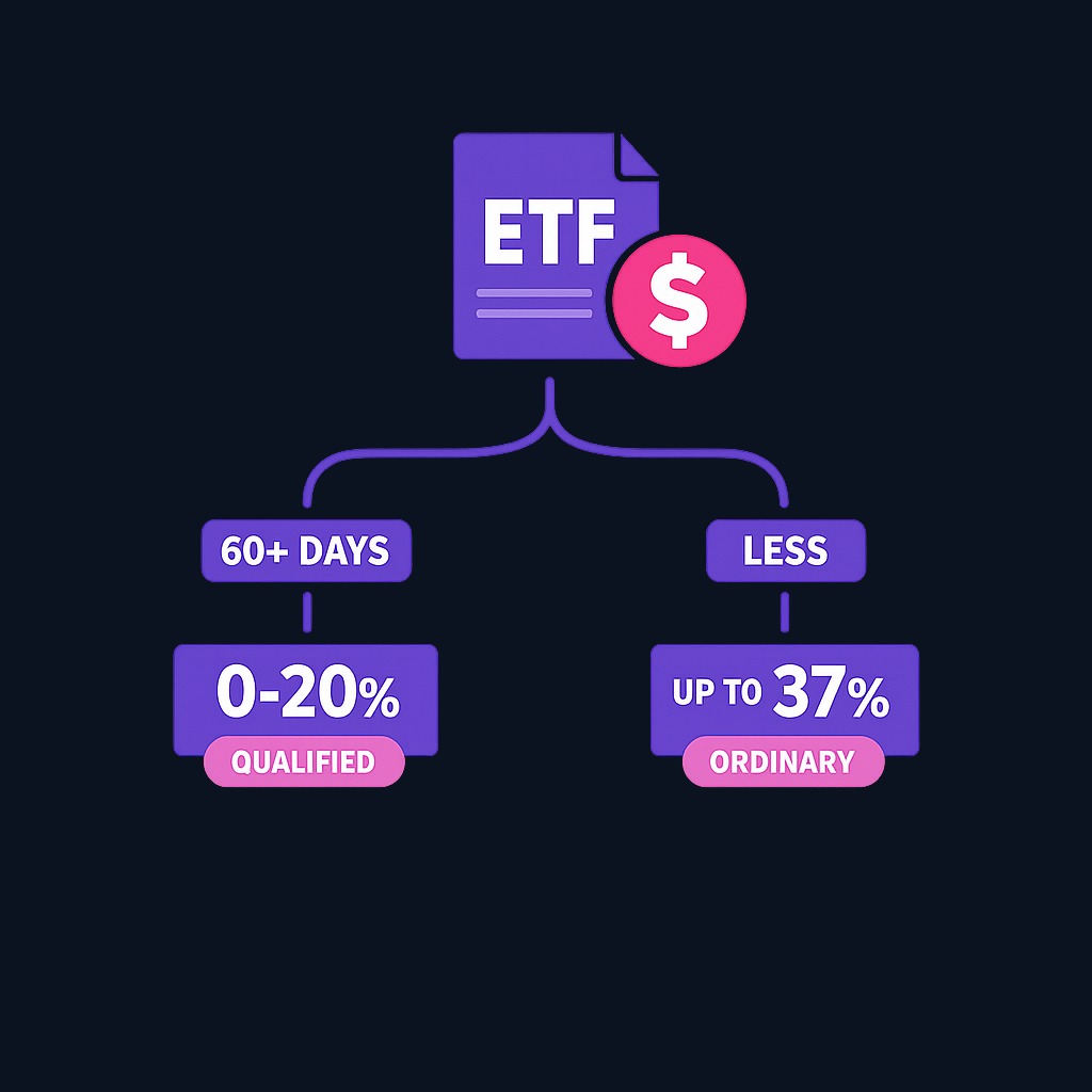 Dividends from the same ETF can be taxed at two different rates depending on your holding period. Qualified dividends (held 60+ days