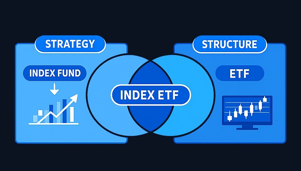 The key distinction: an index fund is a passive investing strategy that tracks a market index. An ETF is a structure