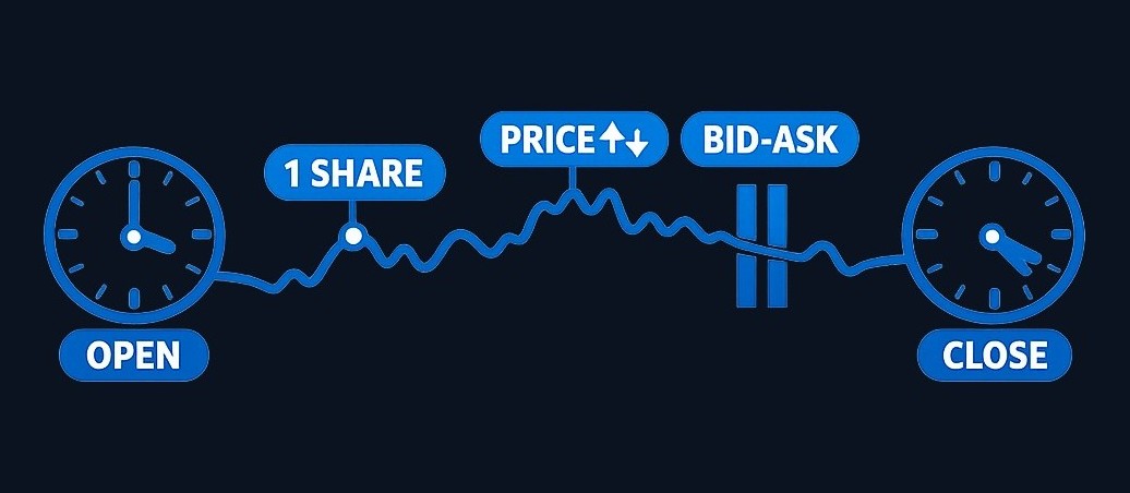 ETFs trade throughout the day at changing prices, require no minimum investment (often just one share or $1), and have a market price that can drift slightly from their net asset value (NAV). The bid-ask spread represents a small trading cost.