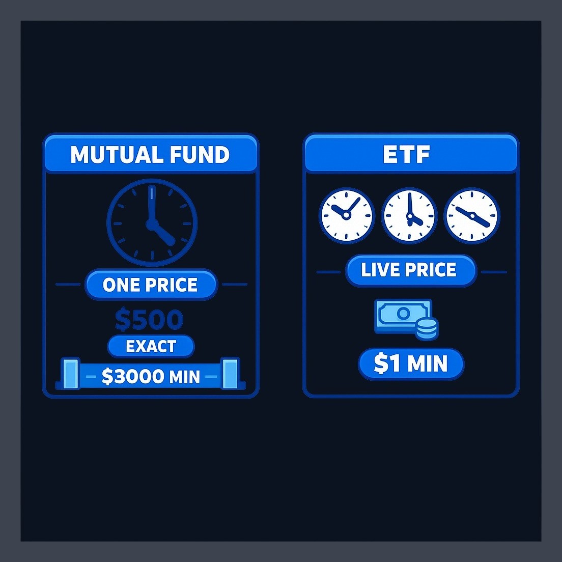 Index mutual funds execute all orders once per day at a single price (NAV), accept exact dollar amounts with fractional shares, and typically require minimum investments like $3,000. No bid-ask spread exists.