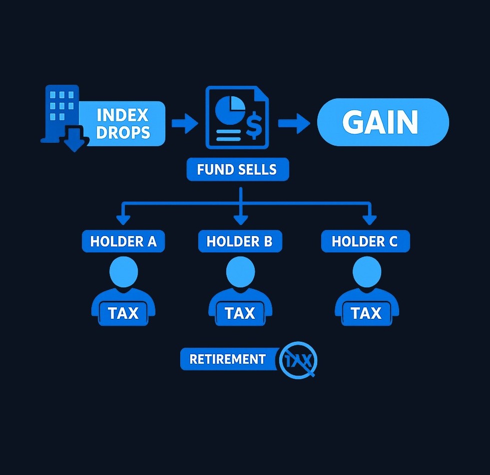 When an index mutual fund sells holdings internally — for example, when a company is removed from the index — that sale can trigger a capital gain. This gain is distributed to all shareholders, including those who never sold shares themselves. ETFs generally