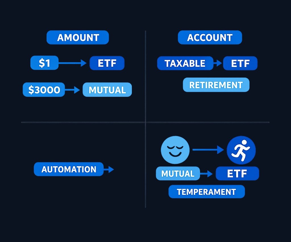 Use starting amount, account type, automation needs, and temperament to guide your choice. Small balances favor ETFs (no minimum).