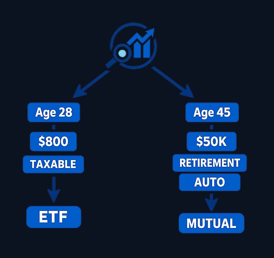 Scenario 1: A 28-year-old opens a taxable account with $800 → chooses ETF (no minimum barrier, better tax treatment). Scenario 2: A
