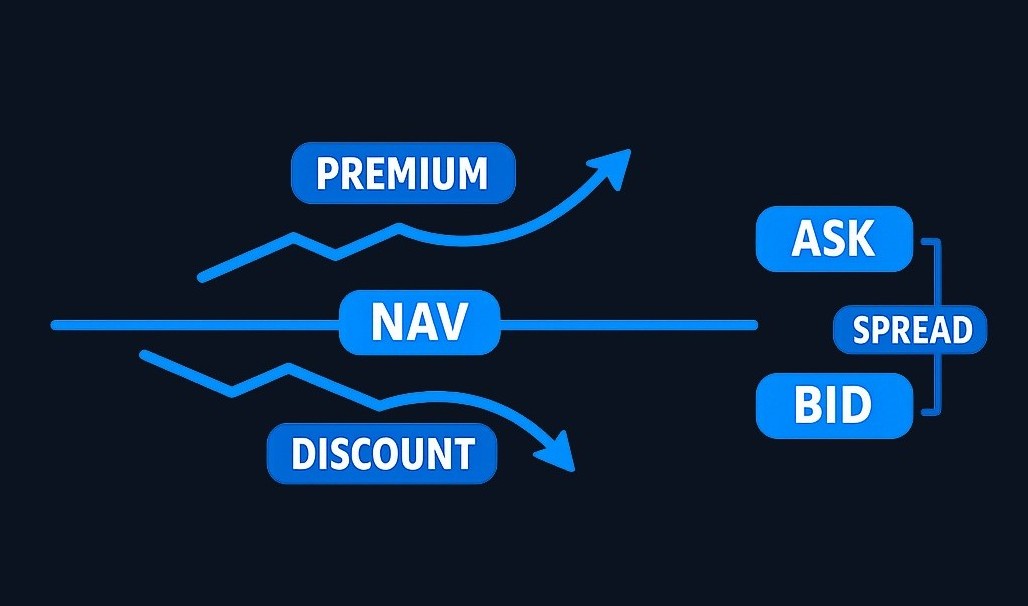 When an ETF's market price sits above its net asset value (NAV), it trades at a premium. Below NAV means a discount. The bid-ask