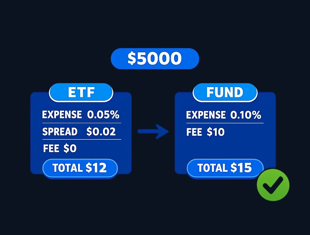 Example: Two funds track the same index. The ETF charges 0.05% expense ratio, has a $0.02 spread per share, and no brokerage fee.