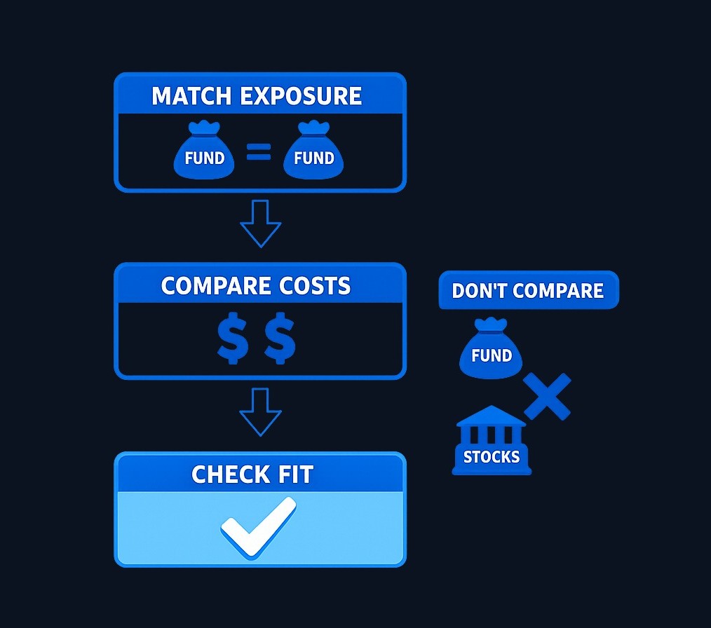 Don't compare an ETF and mutual fund until you confirm they hold the same assets or follow the same strategy. Matching the exposure