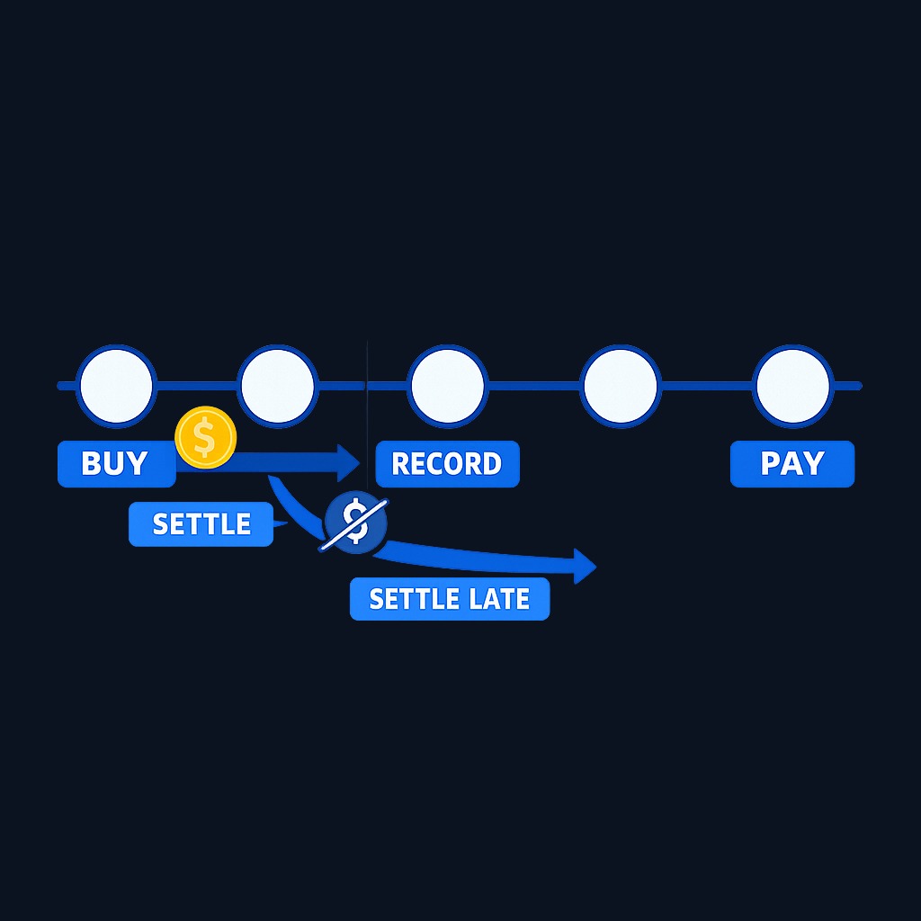 Settlement timeline: A purchase made one day before the ex-date settles in time for the record date, entitling you to the dividend. A purchase on the ex-date settles too late—you own the stock but the seller keeps the payment.