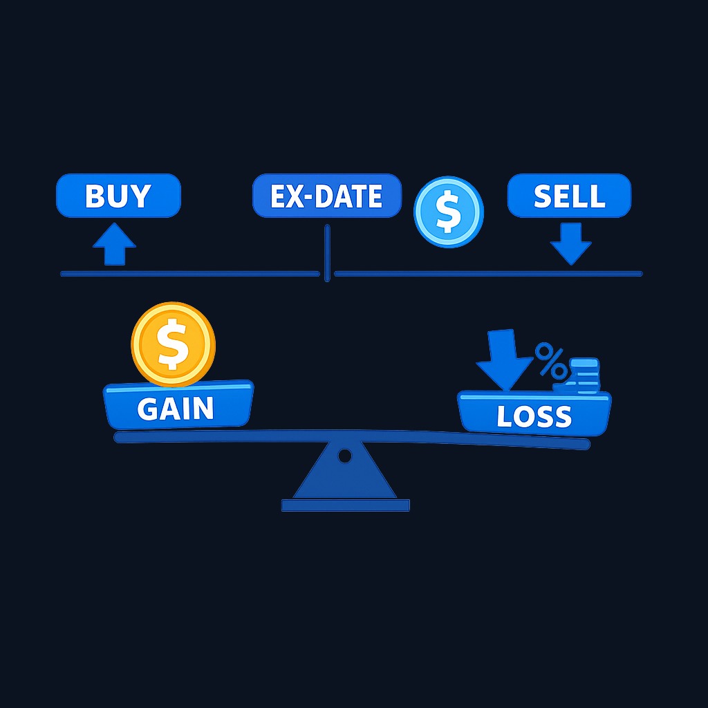 Dividend capture attempts to profit by buying before the ex-date, collecting the dividend, and selling shortly after. The strategy must overcome the price adjustment, transaction costs, and tax consequences to generate a net gain.